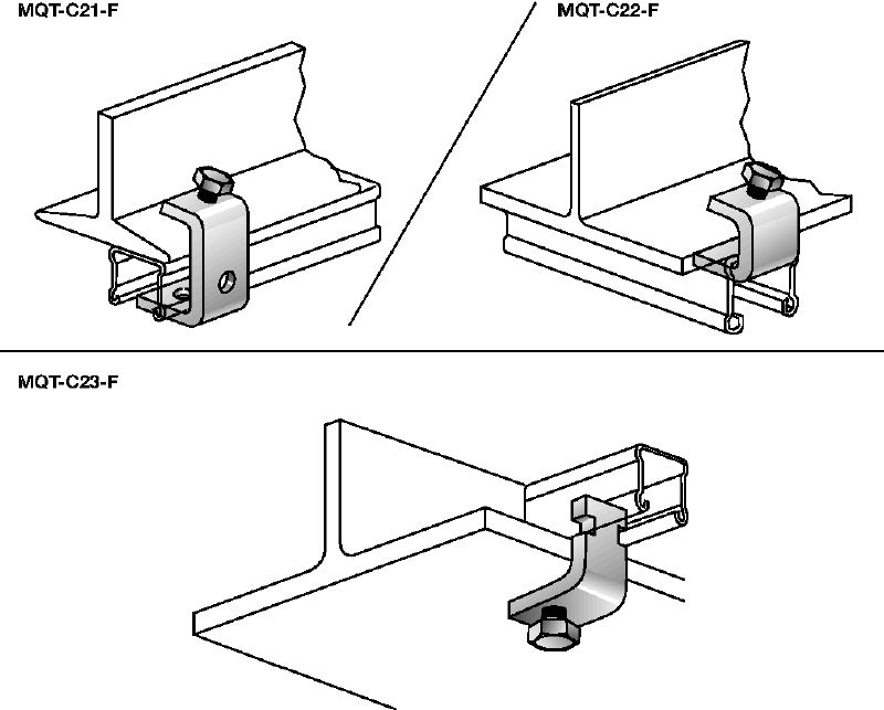 MQT-C-F Beam clamp Hot-dip galvanised (HDG) beam clamp for connecting MQ strut channels directly to steel beams