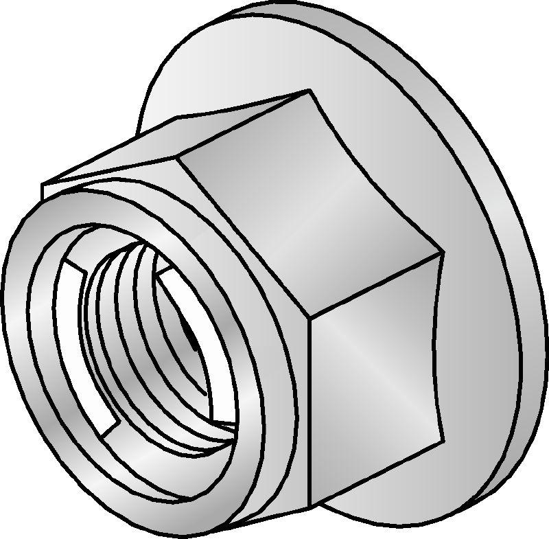M10-SL-F Prevailing torque hexagon nut Hot-dip galvanised (HDG) prevailing torque hexagon nut with self-locking mechanism for use outdoors